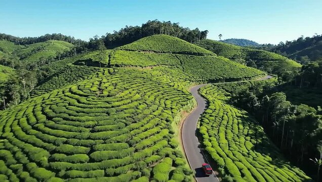 Aerial view of a winding road through lush green tea plantations on rolling hills.