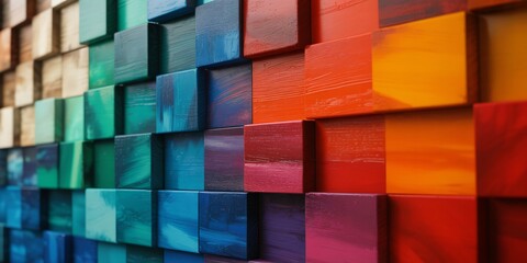 Fototapeta premium A textured wall is composed of numerous wooden blocks of varying depths painted in a rainbow gradient. The colors transition smoothly from cool blues and greens to warm reds and oranges. 