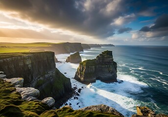 Dramatic sunset illuminates rugged coastal cliffs meeting a vast, turbulent ocean