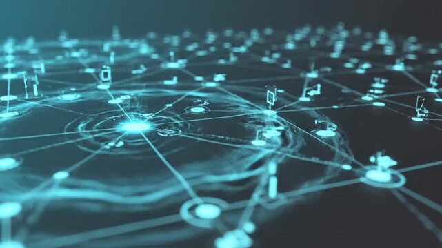 Close-up of a futuristic network visualization with glowing blue nodes and connections on a dark background with a shallow depth of field.