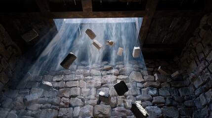 Light Rays Stream Through Open Ceiling of Ancient Stone Chamber with Floating Stones in Mysterious Atmosphere