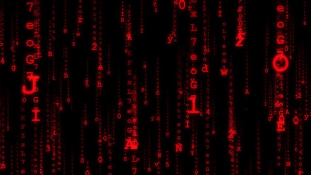 Red raining binary code animation, Dynamic digital rain with glowing red binary code falling down, abstract matrix stream, hacking in progress concept 4K