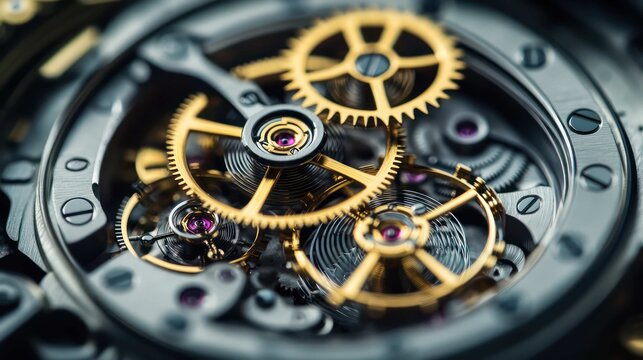 An open, high-end watchmaker's case revealing the intricate, complex movement of an automatic Swiss watch, with tiny gears and jewels visible, precision engineering, dramatic macro shot,