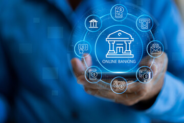 Businessman hand holding smartphone with online banking virtual interface, person using mobile phone for digital payment and financial transaction, fintech technology and internet security concept