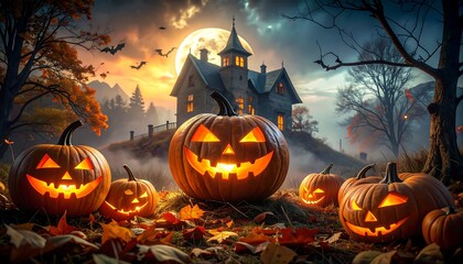 Spooky Halloween Night with Jack-o-Lanterns and Haunted House.