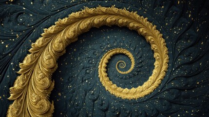 A detailed spiral design, adorned with intricate golden filigree, is set against a dark teal background speckled with golden highlights.
