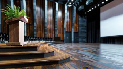 Modern Conference Hall Interior with Podium and Empty Seating for Professional Events and Presentations