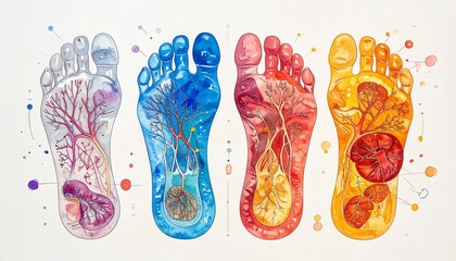 Watercolor image of four human feet, each a different color, highlighting internal structures
