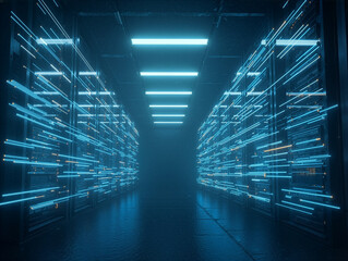 Modern Data Center Hall with Blue Glowing Information Flow
