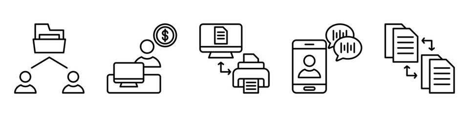 file management icon set. for digital documents. icon set contain files exchange, freelancer, printer, virtual assistant, file transfer. simple vector line illustration.