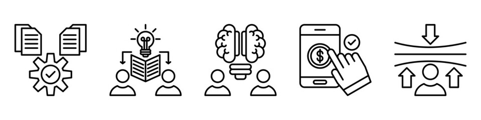 knowledge process icon set. for information flow. icon set contain documentation, knowledge sharing, brainstorming, online payment, resilience. simple vector line illustration.