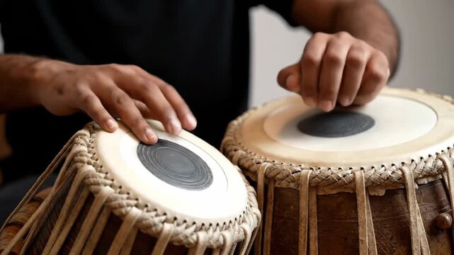 Closeup Indian musician hands playing traditional Tabla drums rhythmically