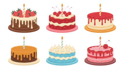 Colorful cartoon birthday cakes set with lit candles Features include strawberries cherries chocolate and frosting drips Festive joyful desserts for c