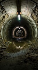 Naklejka premium Long subterranean passage illuminated by hanging fluorescent lamps disappears into darkness