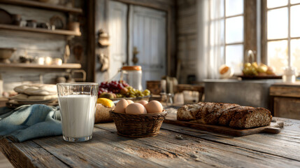 Obraz premium Rustic kitchen table with glass of milk, basket of eggs, bread, cozy morning sunlight