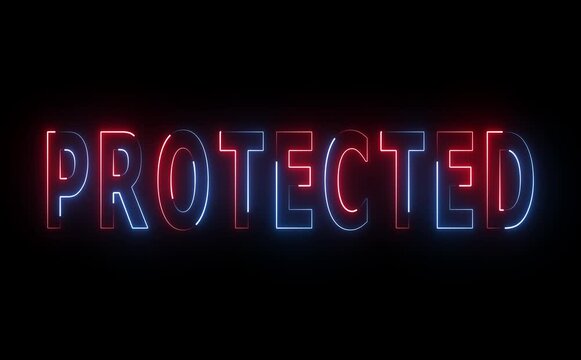Glowing neon protected text pulses gently, shield and lock icons animate with cyber flicker, conveying futuristic safety, privacy, digital security, and reliable high-tech protection systems.
