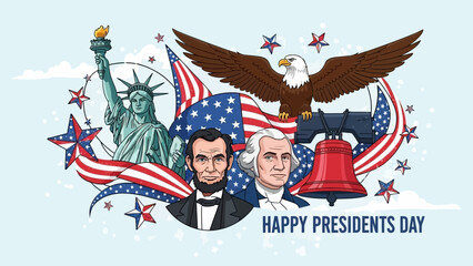 Happy Presidents Day USA: Liberty, Lincoln, Washington, Eagle, Flag, Liberty Bell