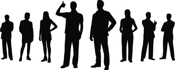 Business people silhouette group with thumbs up gesture, professional team standing confident, success approval concept, corporate workforce vector illustration
