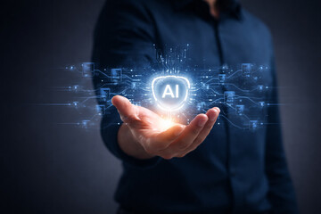 AI generated professional holding glowing AI symbol with connected digital circuits representing human control artificial intelligence automation data networks and future technology systems