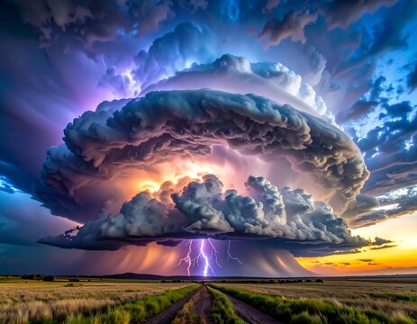 A dramatic stormy sky with a massive thunderhead cloud and lightning over a rural landscape