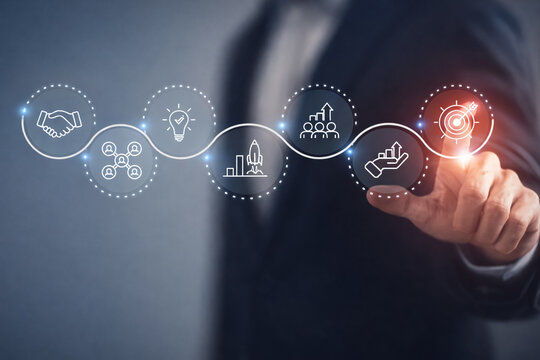 AI generated professional touching sequential digital icons representing structured business strategy workflow process corporate planning growth and goal achievement through data driven transformation - Powered by Adobe