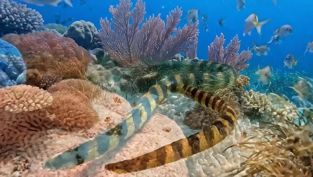 Banded sea krait swimming through a vibrant coral reef.