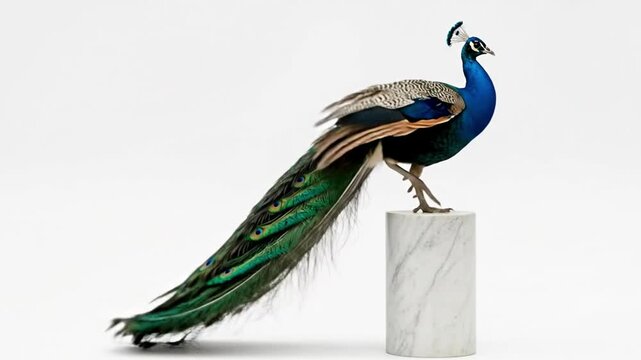 Majestic Peacock Perched on a Marble Pedestal Against a White Background.