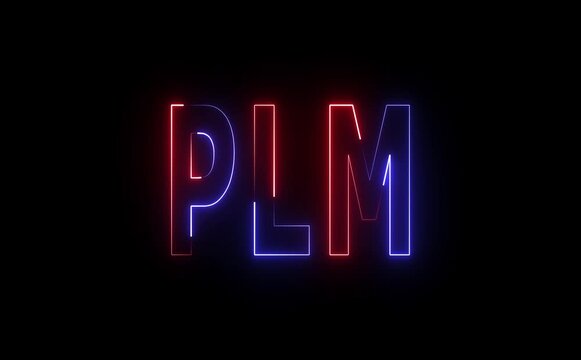 Glowing neon PLM text animates with smooth pulses, rotating data icons, circuit flickers, conveying futuristic product lifecycle management, connectivity, control, and high-tech enterprise systems .