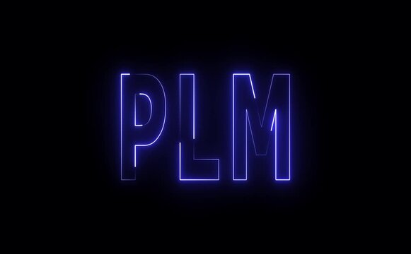 Glowing neon PLM text animates with smooth pulses, rotating data icons, circuit flickers, conveying futuristic product lifecycle management, connectivity, control, and high-tech enterprise systems .
