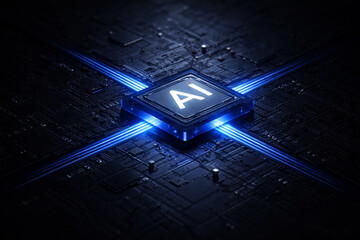 AI generated futuristic semiconductor artwork featuring a glowing artificial intelligence processor at the center of advanced circuit boards representing data processing machine learning and computing