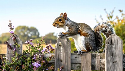 A grey squirrel, poised alertly atop a weathered wooden fence, with wildflowers in foreground