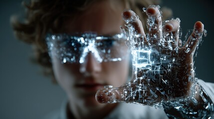 Expert in innovation and artificial intelligence collaborates with advanced holographic data interfaces for the future of hybrid work and digital marketing.