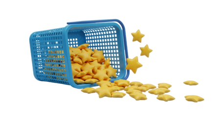 Golden Star Snacks Spilling from Blue Basket for Success Reward and Top Performance