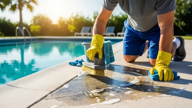 Caucasian man in yellow gloves scrubbing pool deck. Patio cleaning for home maintenance and building care.