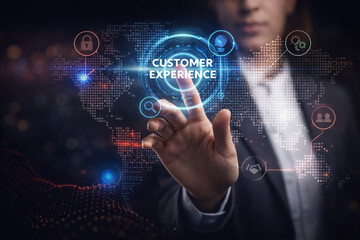 AI generated business professional interacting with futuristic customer experience interface global digital map and service icons representing crm strategy digital transformation