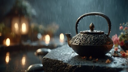A dark, ornate cast iron teapot rests on a wet stone surface during a rainy night, surrounded by soft, warm candlelight.