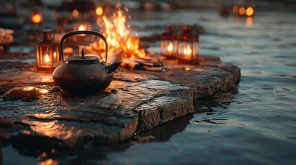 A tranquil scene by a campfire, featuring a dark metal teapot and warm glowing lanterns on a stone outcrop amidst water.