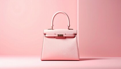 Elegant, pastel pink handbag with handle, clasp, and minimalist backdrop in studio