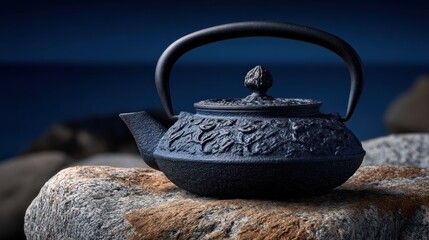 A dark, decorative cast iron tea kettle rests serenely on a weathered rock by the tranquil ocean.