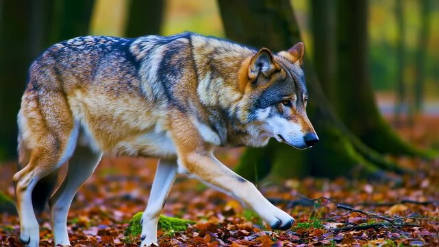 A majestic wolf strides through a forest, brown leaves beneath, trees in background, soft light