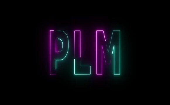 Glowing neon PLM text animates with smooth pulses, rotating data icons, circuit flickers, conveying futuristic product lifecycle management, connectivity, control, and high-tech enterprise systems .