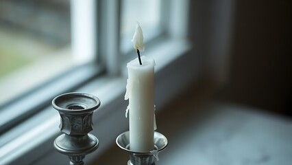 solidified. A single extinguished white candle with wax drippings on a tarnished holder. symbolizing life milestones and joyful moments.