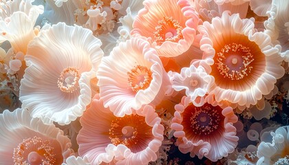 Close-up of delicate, coral-like sea anemones with ruffled edges, in soft hues