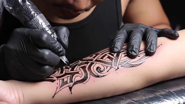 Close-up of Tattoo Artist Creating Intricate Tribal Design on Client's Arm at Tattoo Studio