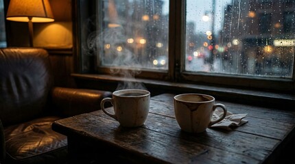 Two steaming cups on a wooden table near a rainy window