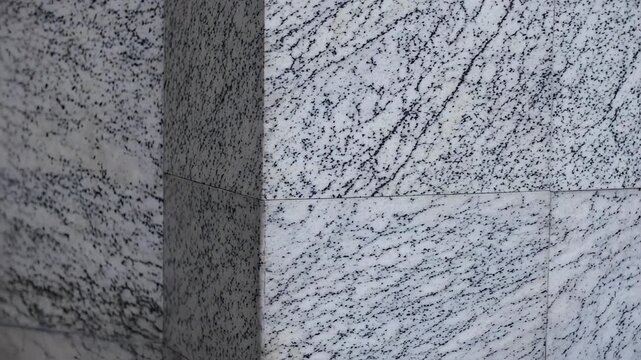 Close-up of a white stone surface with black veining, showing corner of structure