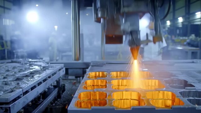 Industrial robot arm precise cutting metal with bright flame and sparks, in a large factory