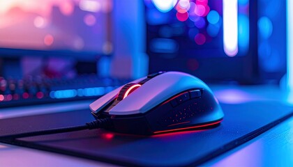 A close-up of a gaming mouse illuminated with red lights, set on a mousepad