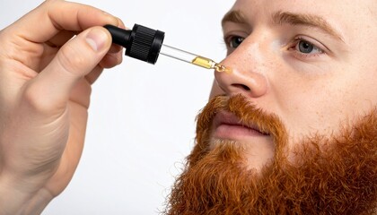 Close-up of a red-bearded man using a dropper to apply oil to his nose
