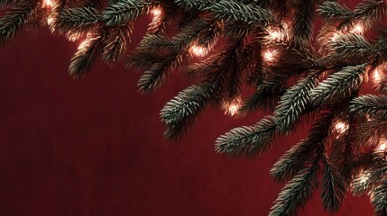 Festive evergreen branches adorned with warm holiday lights against a deep burgundy background.